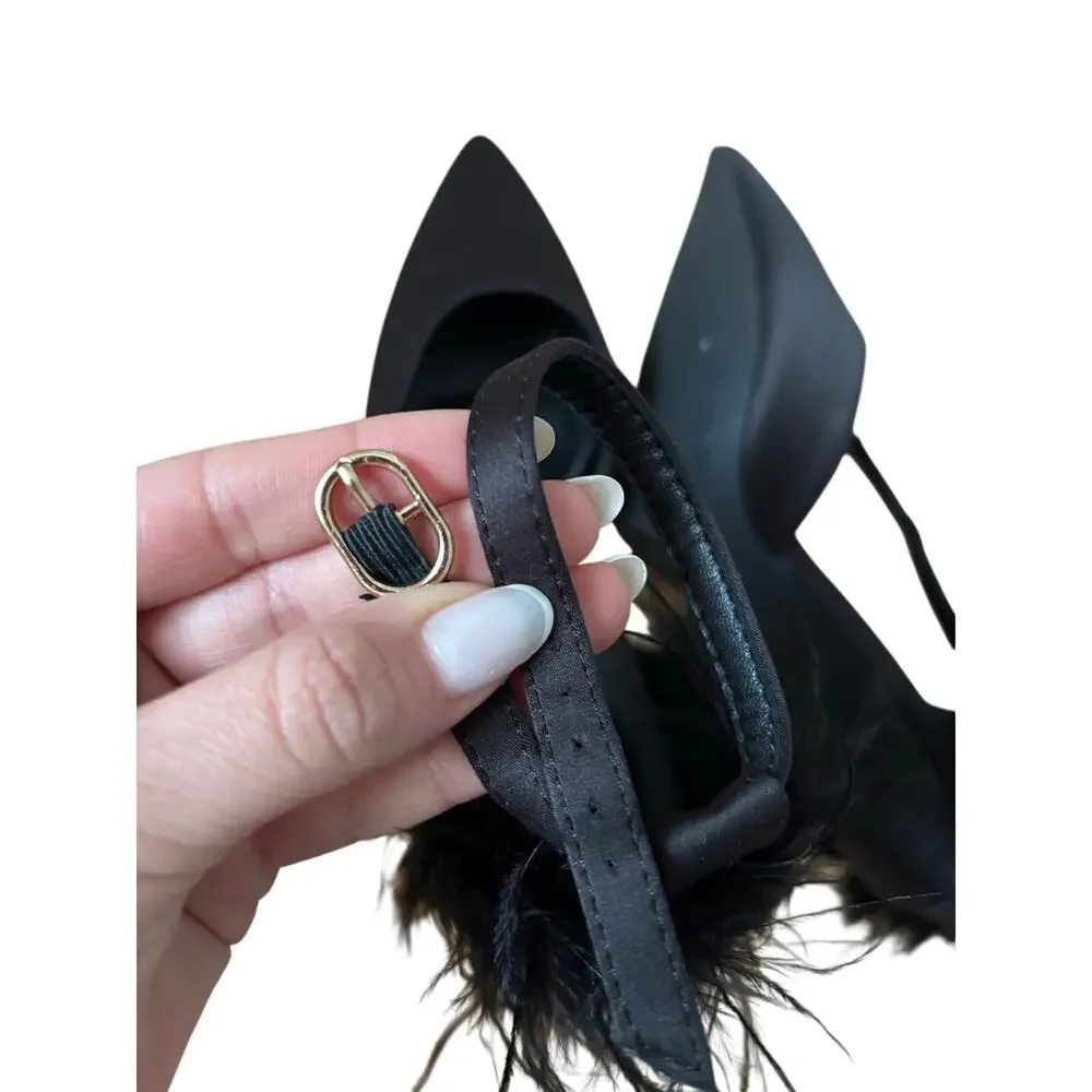 Black Satin Feather Trim Pointed Toe Stiletto Heels Women’s Size EU 38 US 7.5 - Picture 10 of 10